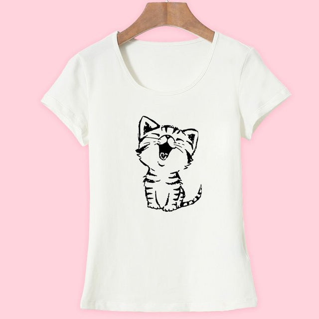 Funny Cat Print and Short Sleeve