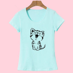 Funny Cat Print and Short Sleeve