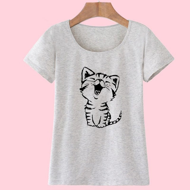 Funny Cat Print and Short Sleeve