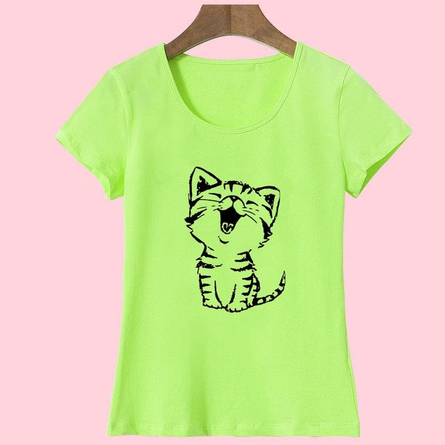 Funny Cat Print and Short Sleeve