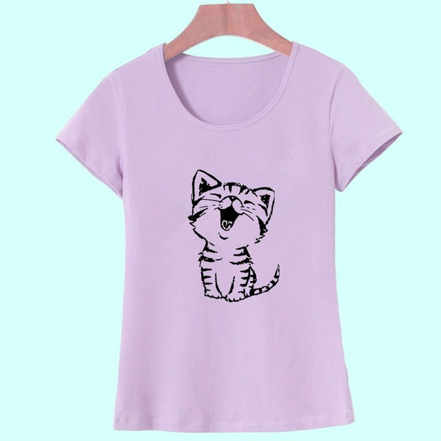 Funny Cat Print and Short Sleeve