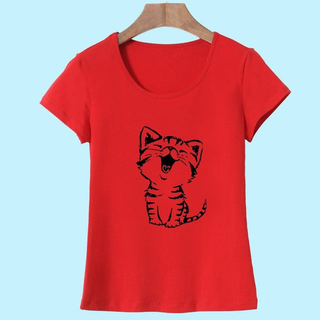 Funny Cat Print and Short Sleeve