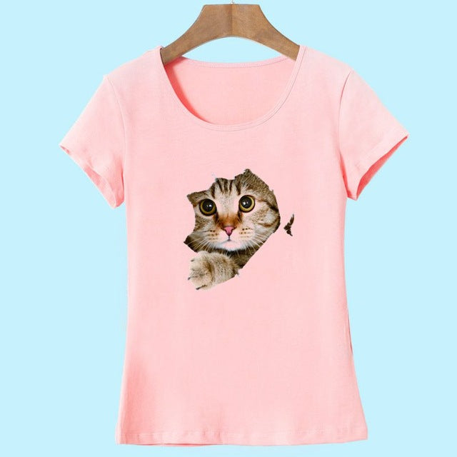 Cat Print O-Neck Short Sleeve T Shirt