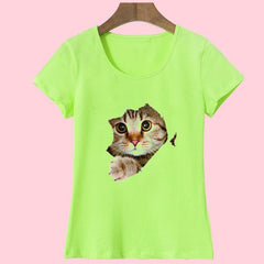 Cat Print O-Neck Short Sleeve T Shirt