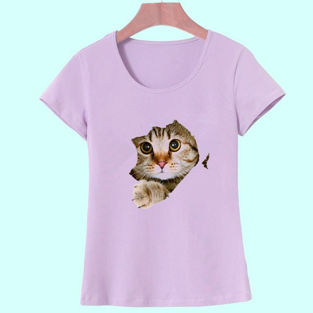 Cat Print O-Neck Short Sleeve T Shirt