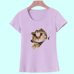 Cat Print O-Neck Short Sleeve T Shirt
