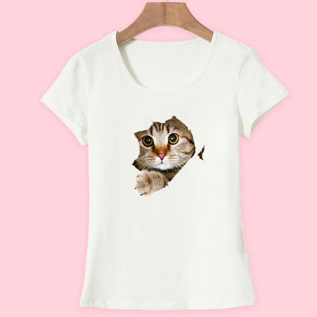 Cat Print O-Neck Short Sleeve T Shirt