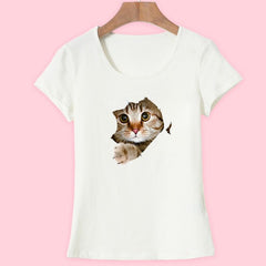Cat Print O-Neck Short Sleeve T Shirt