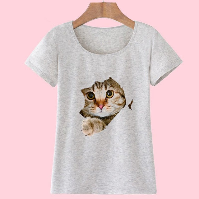 Cat Print O-Neck Short Sleeve T Shirt