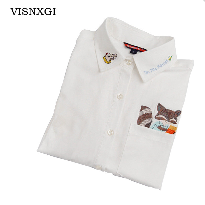 High Quality Woman Fashion Cute Turndown Collar Cat Embroidery Long Sleeve Work T-shirt