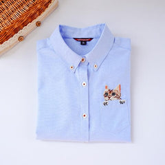 High Quality Woman Fashion Cute Turndown Collar Cat Embroidery Long Sleeve Work T-shirt