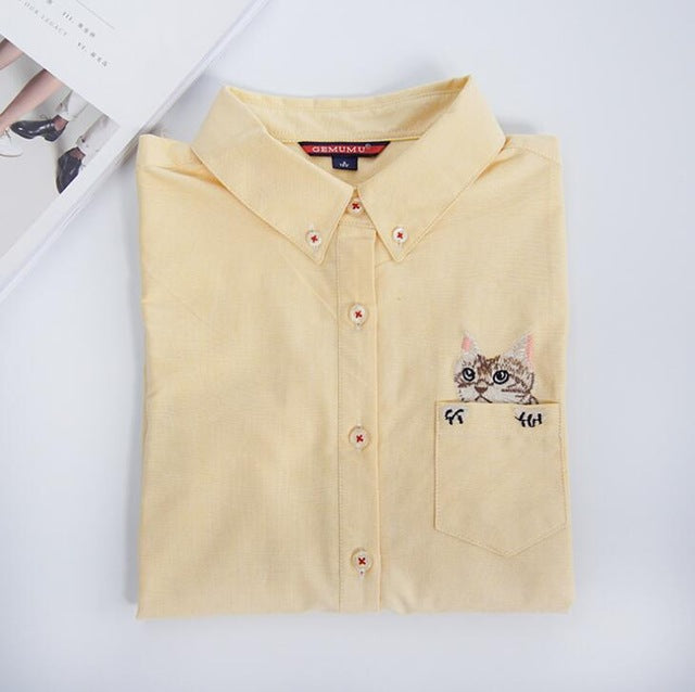 High Quality Woman Fashion Cute Turndown Collar Cat Embroidery Long Sleeve Work T-shirt