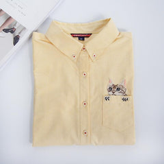 High Quality Woman Fashion Cute Turndown Collar Cat Embroidery Long Sleeve Work T-shirt