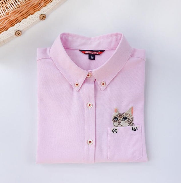 High Quality Woman Fashion Cute Turndown Collar Cat Embroidery Long Sleeve Work T-shirt