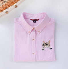 High Quality Woman Fashion Cute Turndown Collar Cat Embroidery Long Sleeve Work T-shirt