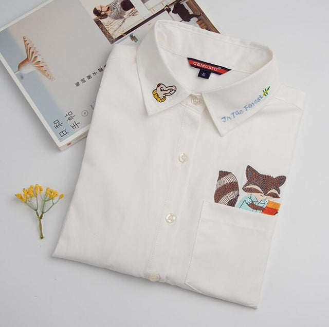 High Quality Woman Fashion Cute Turndown Collar Cat Embroidery Long Sleeve Work T-shirt