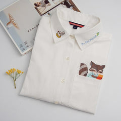 High Quality Woman Fashion Cute Turndown Collar Cat Embroidery Long Sleeve Work T-shirt