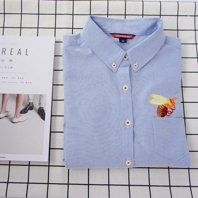 High Quality Woman Fashion Cute Turndown Collar Cat Embroidery Long Sleeve Work T-shirt