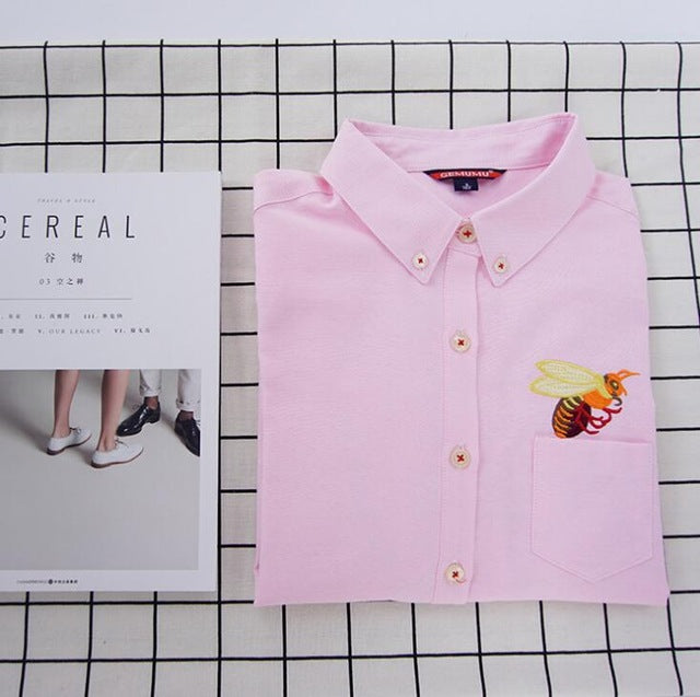 High Quality Woman Fashion Cute Turndown Collar Cat Embroidery Long Sleeve Work T-shirt