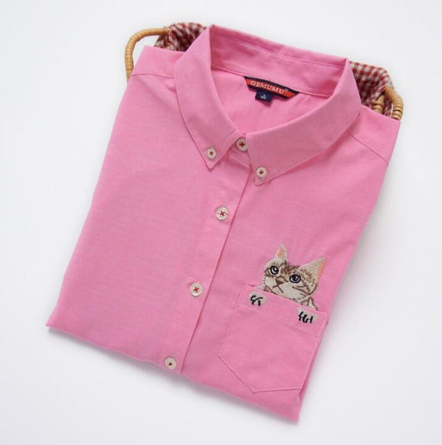 High Quality Woman Fashion Cute Turndown Collar Cat Embroidery Long Sleeve Work T-shirt