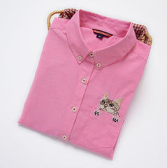 High Quality Woman Fashion Cute Turndown Collar Cat Embroidery Long Sleeve Work T-shirt