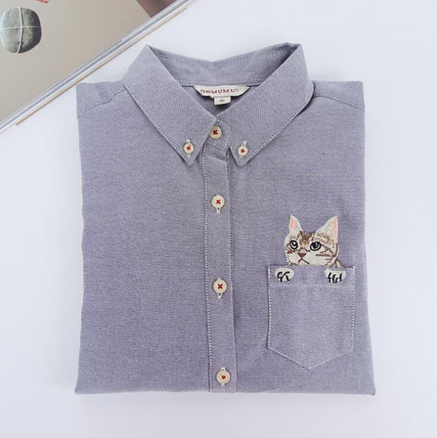 High Quality Woman Fashion Cute Turndown Collar Cat Embroidery Long Sleeve Work T-shirt