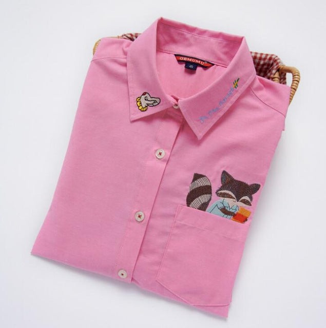 High Quality Woman Fashion Cute Turndown Collar Cat Embroidery Long Sleeve Work T-shirt
