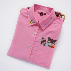 High Quality Woman Fashion Cute Turndown Collar Cat Embroidery Long Sleeve Work T-shirt