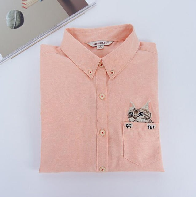 High Quality Woman Fashion Cute Turndown Collar Cat Embroidery Long Sleeve Work T-shirt