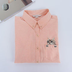 High Quality Woman Fashion Cute Turndown Collar Cat Embroidery Long Sleeve Work T-shirt
