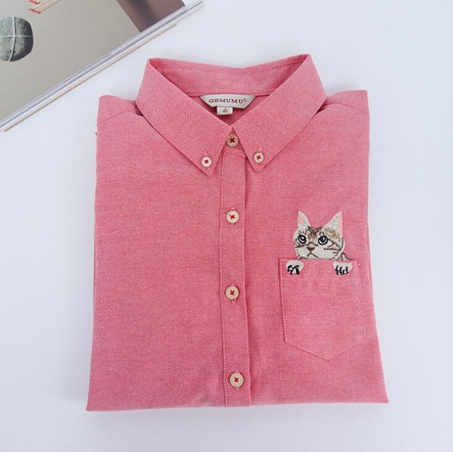 High Quality Woman Fashion Cute Turndown Collar Cat Embroidery Long Sleeve Work T-shirt