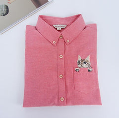 High Quality Woman Fashion Cute Turndown Collar Cat Embroidery Long Sleeve Work T-shirt