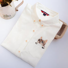 High Quality Woman Fashion Cute Turndown Collar Cat Embroidery Long Sleeve Work T-shirt