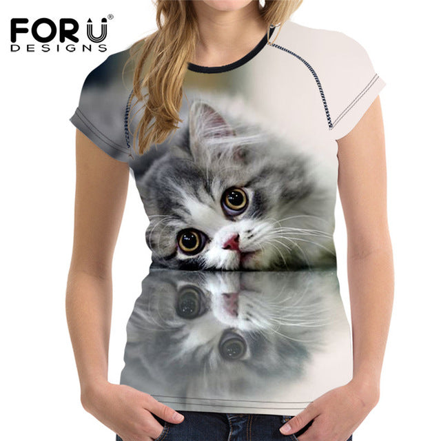 FORUDESIGNS Black 3D Cat Animal Women Casual T Shirt