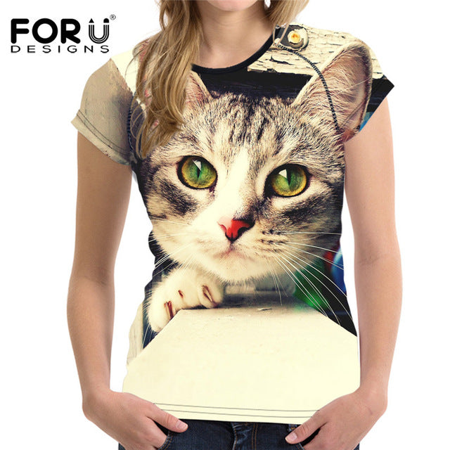FORUDESIGNS Black 3D Cat Animal Women Casual T Shirt
