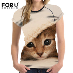 FORUDESIGNS Black 3D Cat Animal Women Casual T Shirt