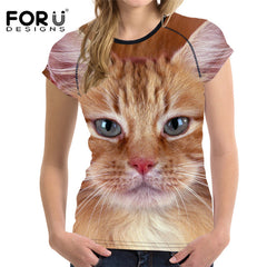 FORUDESIGNS Black 3D Cat Animal Women Casual T Shirt