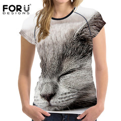FORUDESIGNS Black 3D Cat Animal Women Casual T Shirt