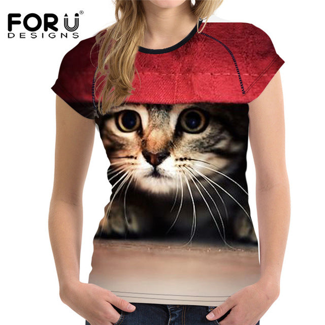 FORUDESIGNS Black 3D Cat Animal Women Casual T Shirt