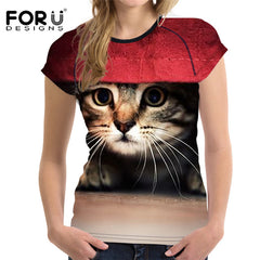 FORUDESIGNS Black 3D Cat Animal Women Casual T Shirt