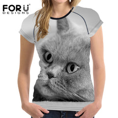 FORUDESIGNS Black 3D Cat Animal Women Casual T Shirt