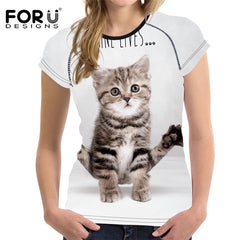 FORUDESIGNS Black 3D Cat Animal Women Casual T Shirt