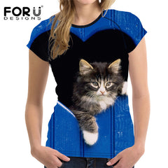 FORUDESIGNS Black 3D Cat Animal Women Casual T Shirt