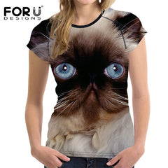 FORUDESIGNS Black 3D Cat Animal Women Casual T Shirt