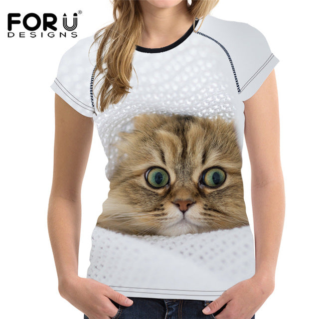 FORUDESIGNS Black 3D Cat Animal Women Casual T Shirt