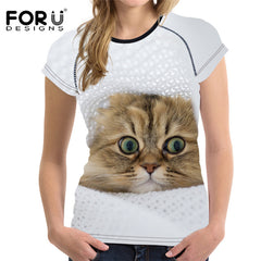FORUDESIGNS Black 3D Cat Animal Women Casual T Shirt