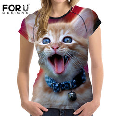FORUDESIGNS Black 3D Cat Animal Women Casual T Shirt