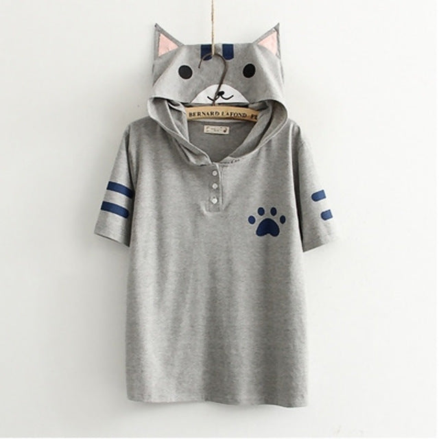 Harajuku Cat Anime Neko Atsume Hooded T Shirt