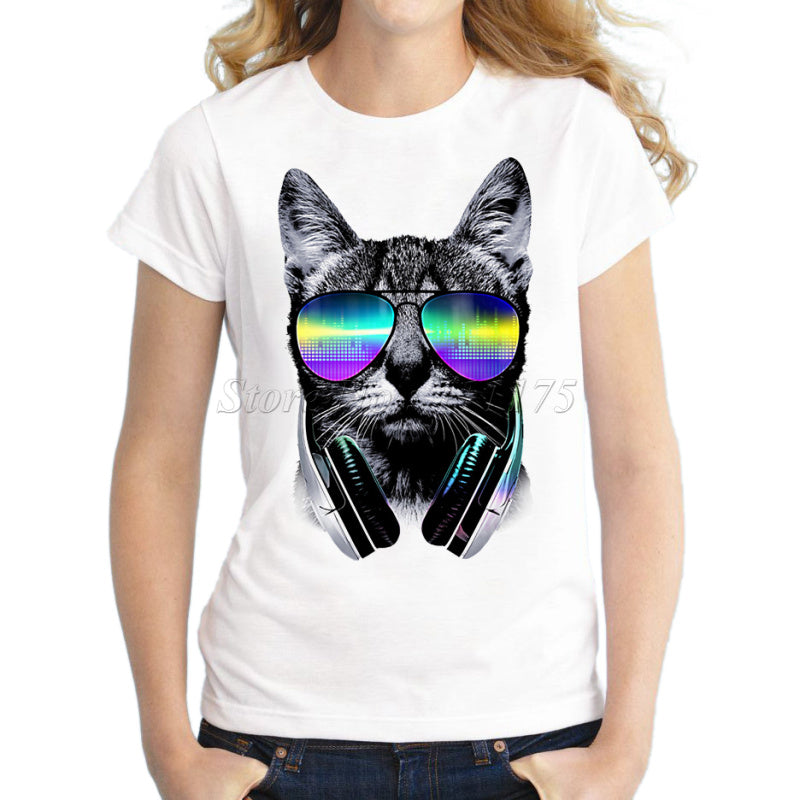 Funny Music DJ Cat Design Short Sleeve T shirt