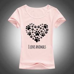 I Love Animals Heart-shaped cat footprints t shirt